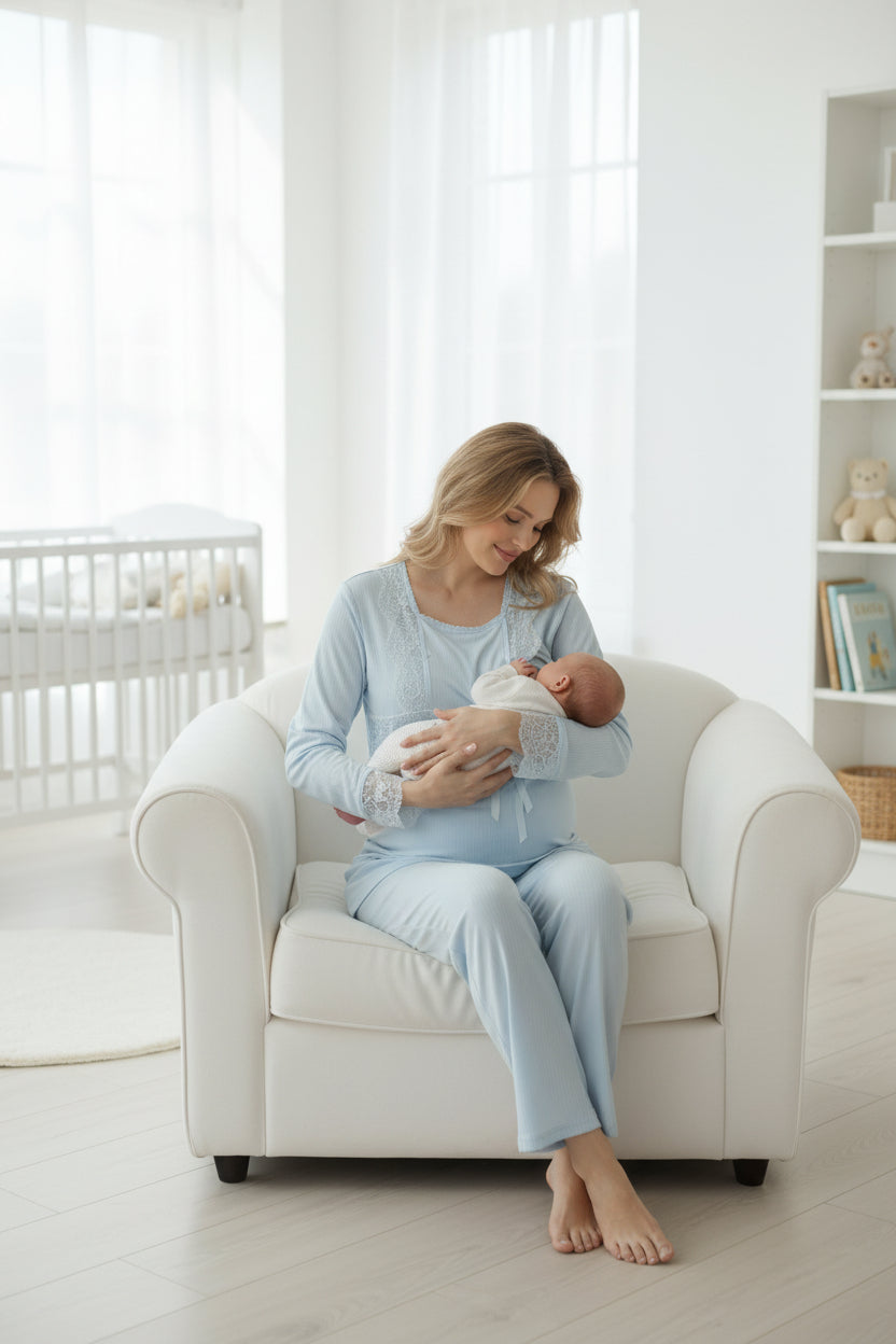 Blue maternity pyjamas by Mini Plum – close-up of lace detail, soft cotton-modal fabric