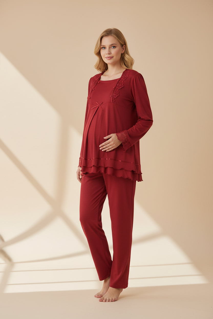 Cherry Red maternity pyjamas by Mini Plum – close-up of lace detail, soft cotton-modal fabric