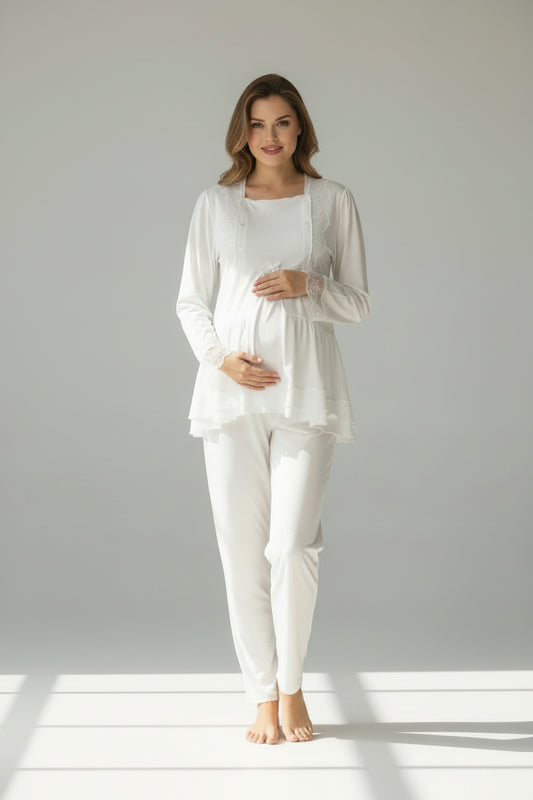 White maternity pyjamas by Mini Plum – lace detail and scoop neck, maternity & nursing
