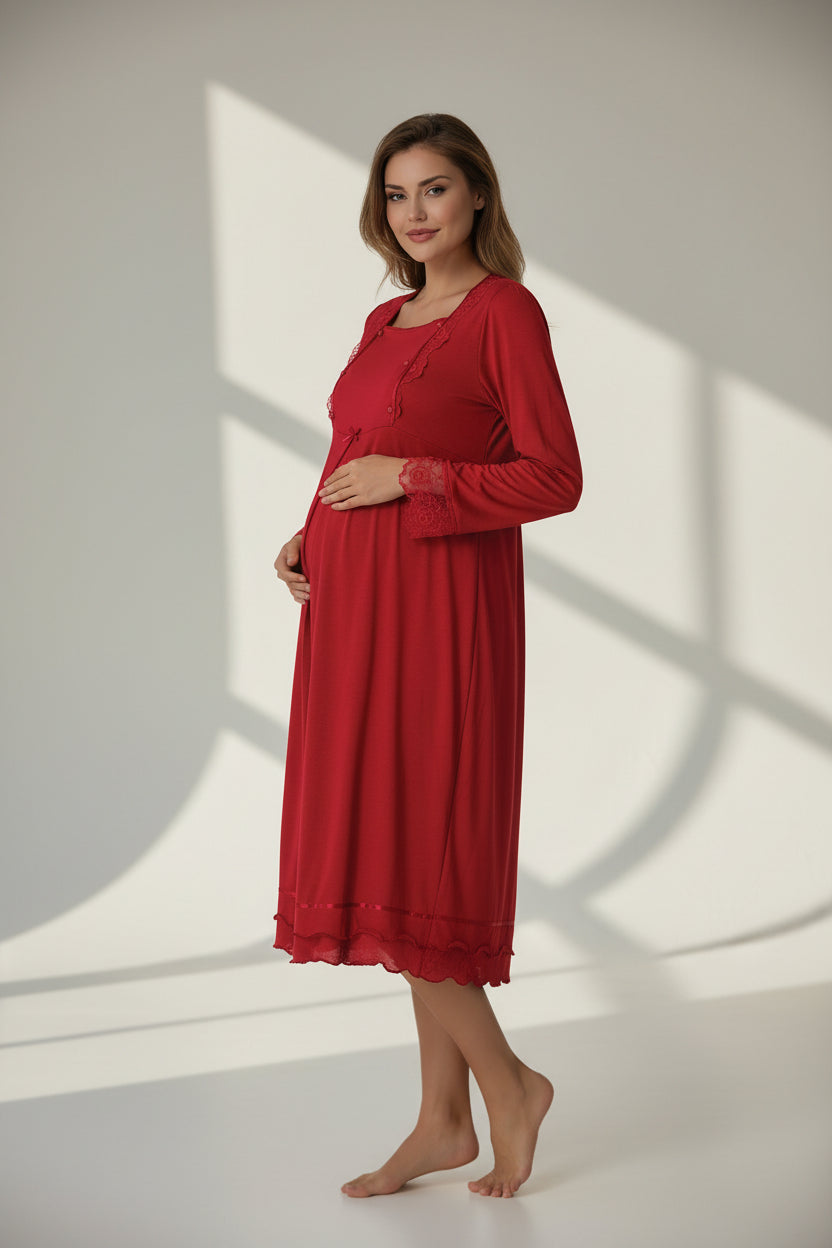 Cherry Red maternity nightdress by Mini Plum – long-sleeve nursing nightwear with square neck, breastfeeding-friendly, hospital bag ready