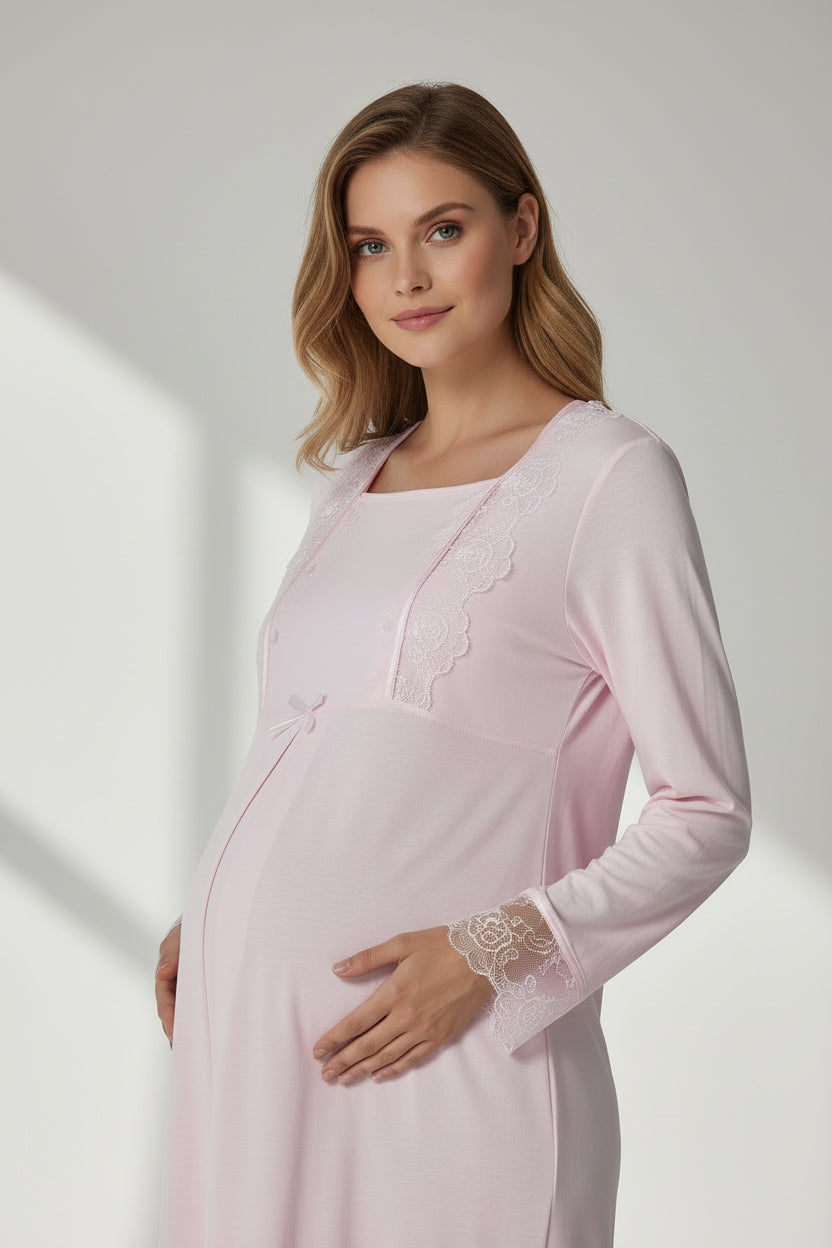 Pink maternity nightdress by Mini Plum – lace detail and square neck, maternity & nursing