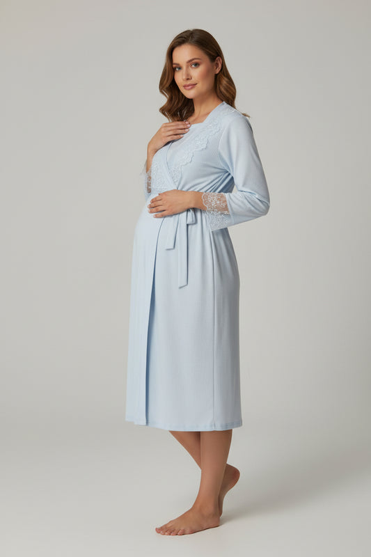 Blue nightie & robe set by Mini Plum – lace detail and wrap, maternity & nursing