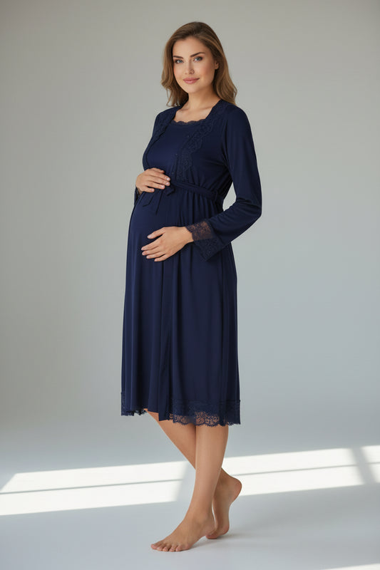 Navy nightie & robe set by Mini Plum – lace detail and square neck, maternity & nursing