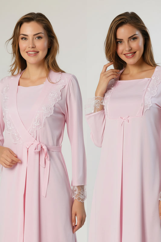 Pink nightie & robe set by Mini Plum – lace detail and square neck, maternity & nursing
