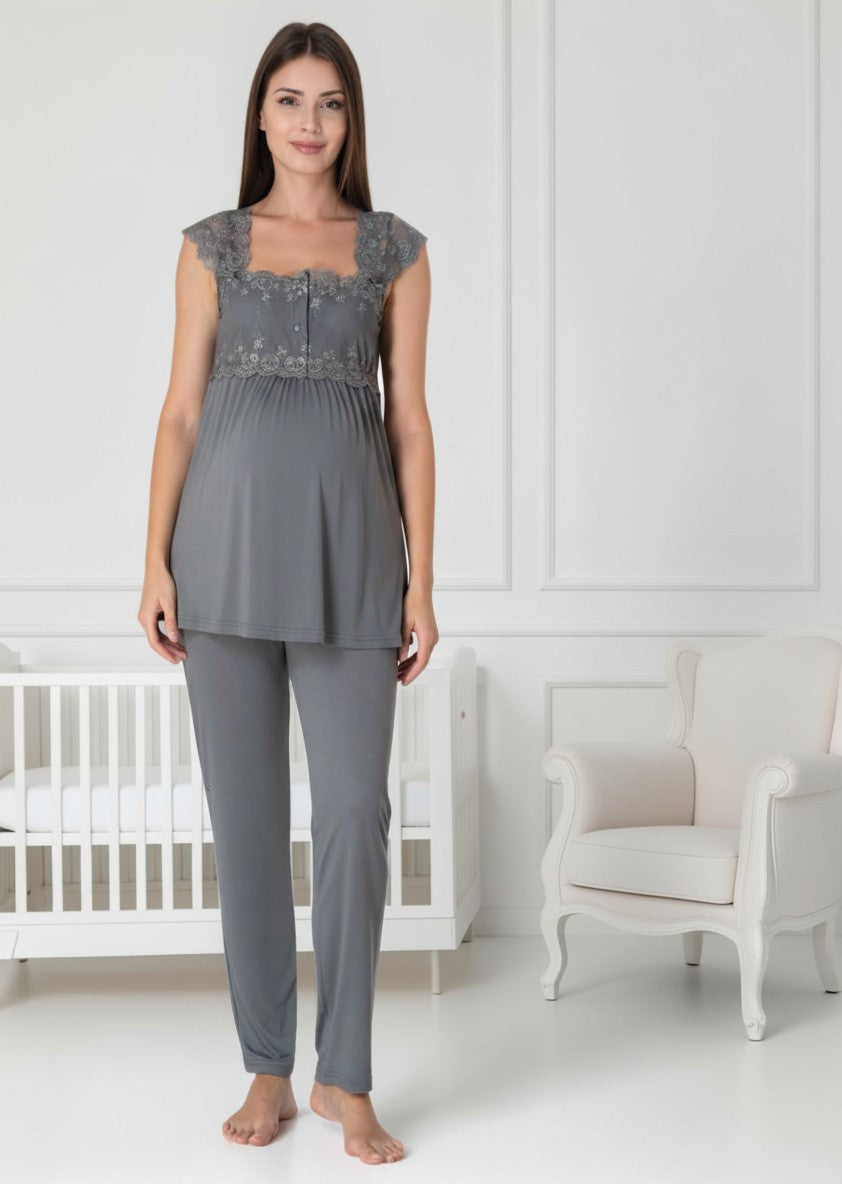 Anthracite maternity pyjamas by Mini Plum, long sleeve button lace – nursing & breastfeeding nightwear, postpartum, hospital bag ready