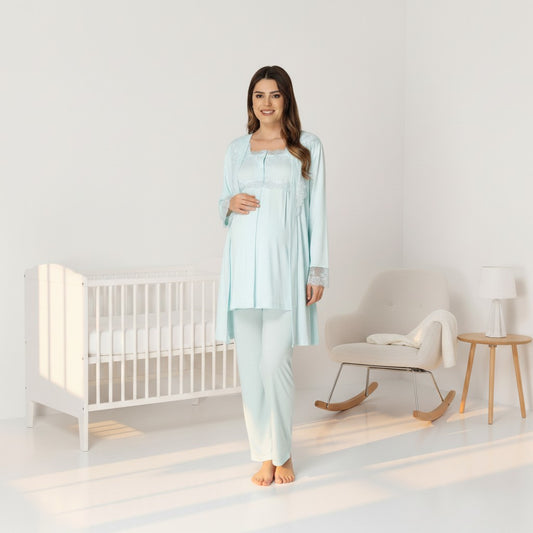 Blue maternity pyjama & robe set by Mini Plum, long sleeve lace cuff – nursing & breastfeeding nightwear, postpartum, hospital bag ready