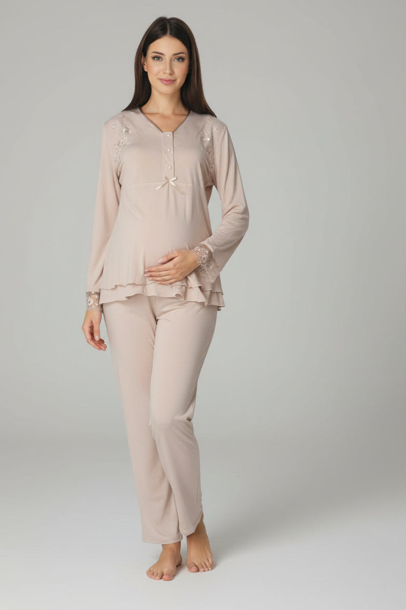 Beige maternity pyjamas by Mini Plum – lace detail and V-neck, maternity & nursing