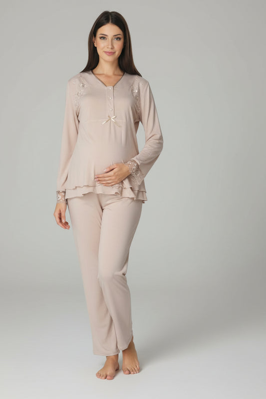 Beige maternity pyjamas by Mini Plum – lace detail and V-neck, maternity & nursing