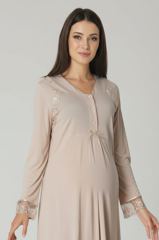 Beige maternity nightdress by Mini Plum – lace detail and V-neck, maternity & nursing