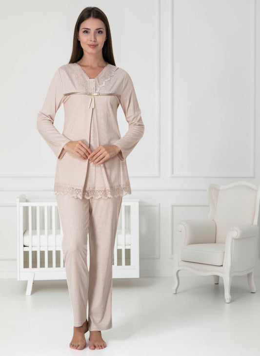 Beige pyjama & robe set by Mini Plum – lace detail and V-neck, maternity & nursing