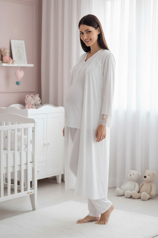 White pyjama & robe set by Mini Plum – lace detail and V-neck, maternity & nursing