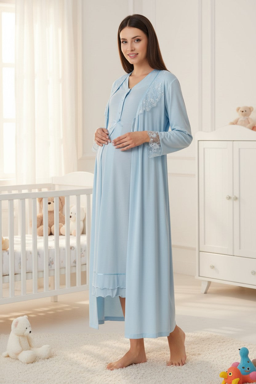 Blue nightie & robe set by Mini Plum – long-sleeve nursing nightwear with V-neck, breastfeeding-friendly, hospital bag ready