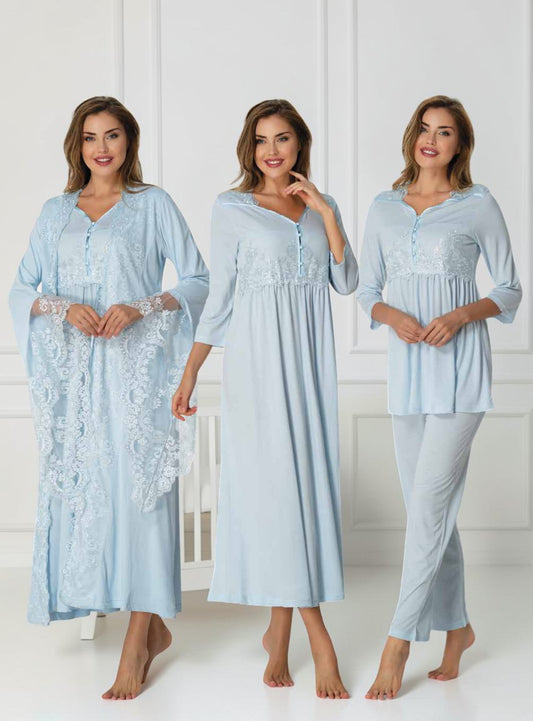 Blue 4-piece maternity set by Mini Plum – lace detail and sweetheart neckline, maternity & nursing