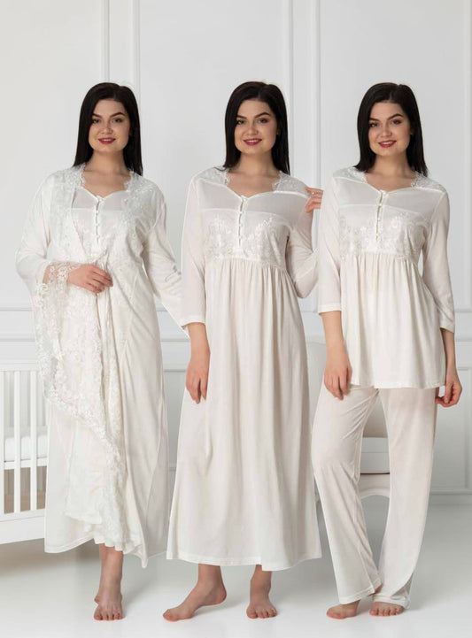White 4-piece maternity set by Mini Plum – lace detail and sweetheart neckline, maternity & nursing
