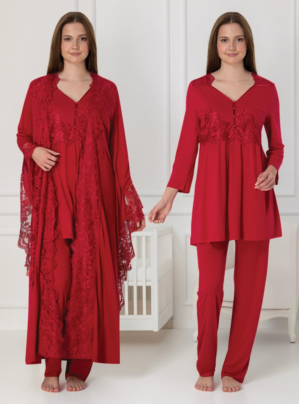 Cherry Red maternity pyjama & robe set by Mini Plum – nursing maternity nightwear, breastfeeding button-down, hospital bag & baby shower gift