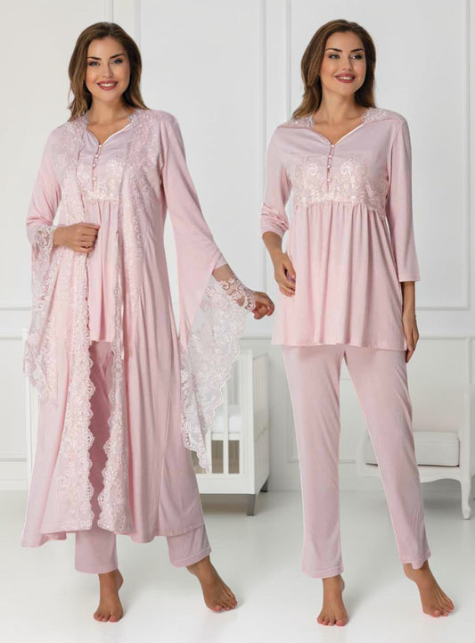 Light Pink maternity pyjama & robe set by Mini Plum, long sleeve lace robe – nursing & breastfeeding nightwear, postpartum, hospital bag ready