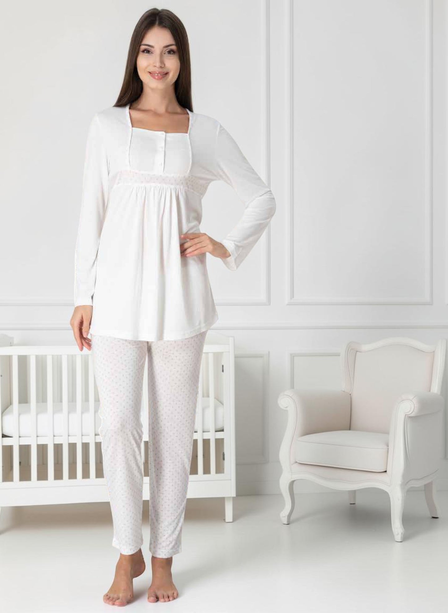 White maternity pyjamas by Mini Plum – button-front nursing opening and square neck, maternity & nursing