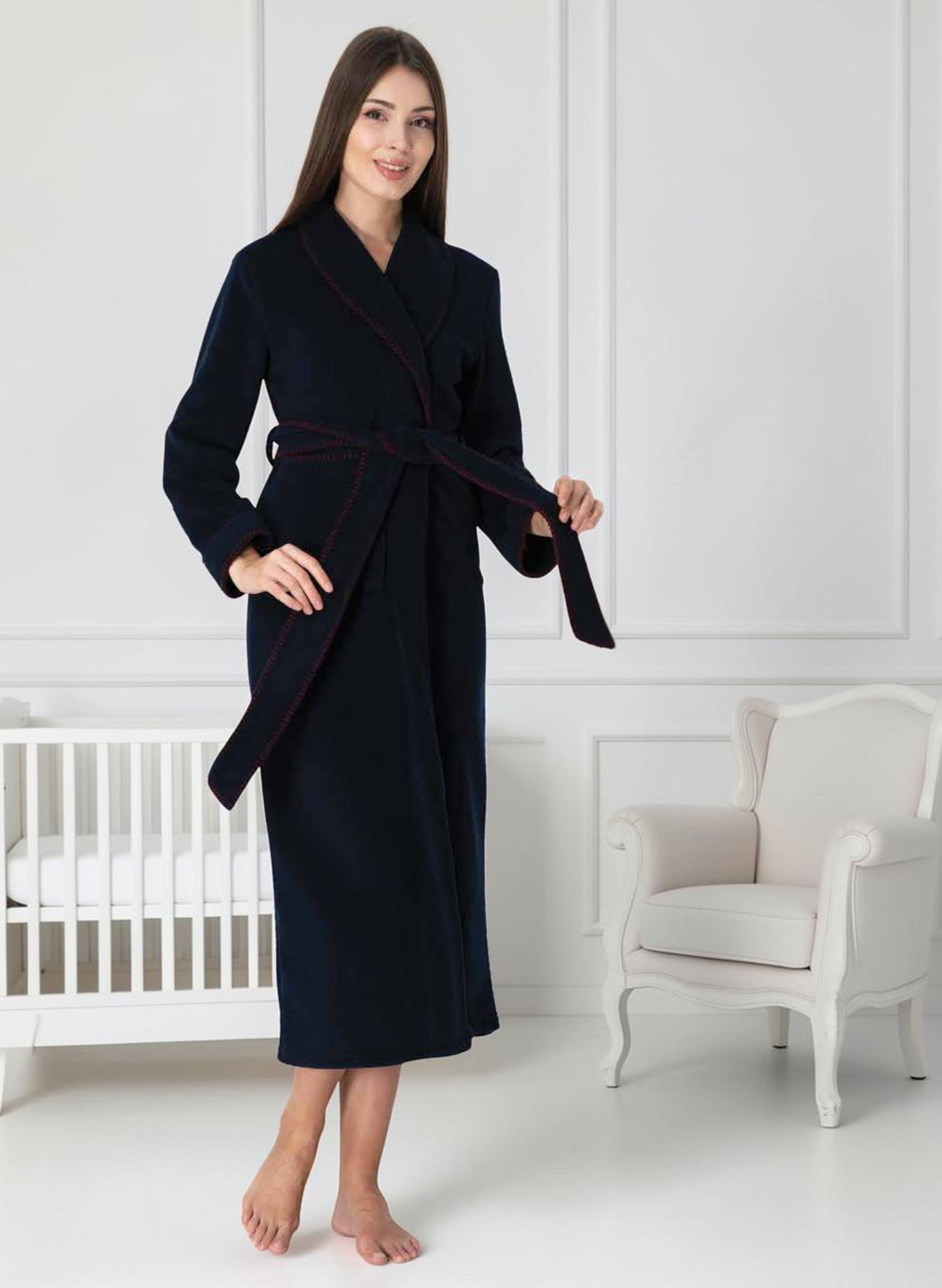 Navy maternity robe by Mini Plum – cosy fleece and shawl collar, maternity & nursing