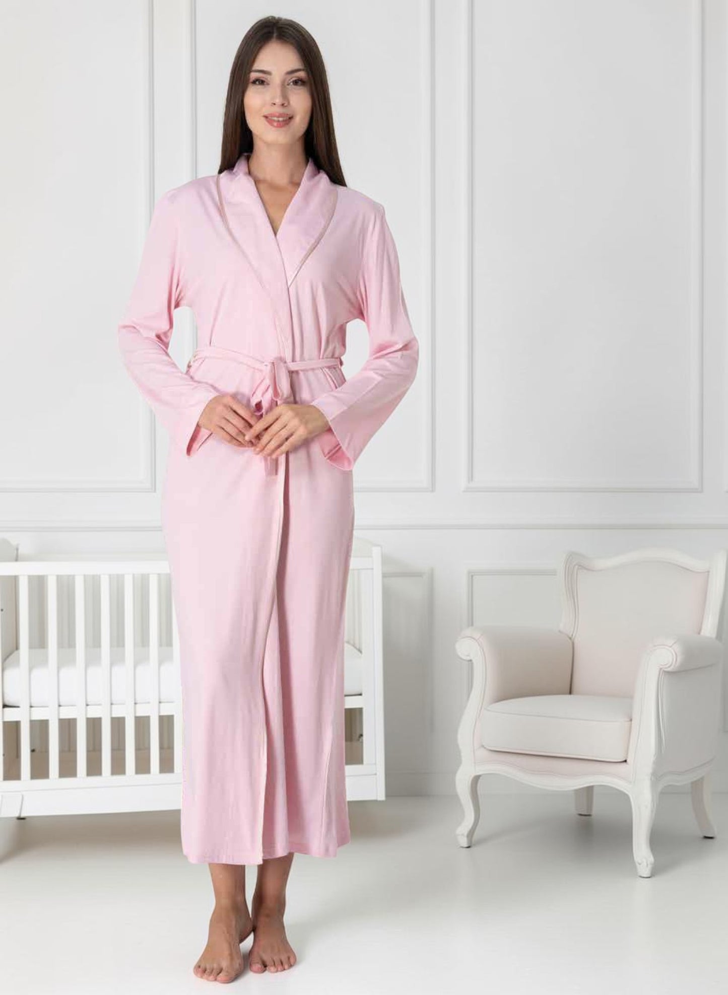 Black maternity robe by Mini Plum – long-sleeve nursing nightwear with shawl collar, breastfeeding-friendly, hospital bag ready