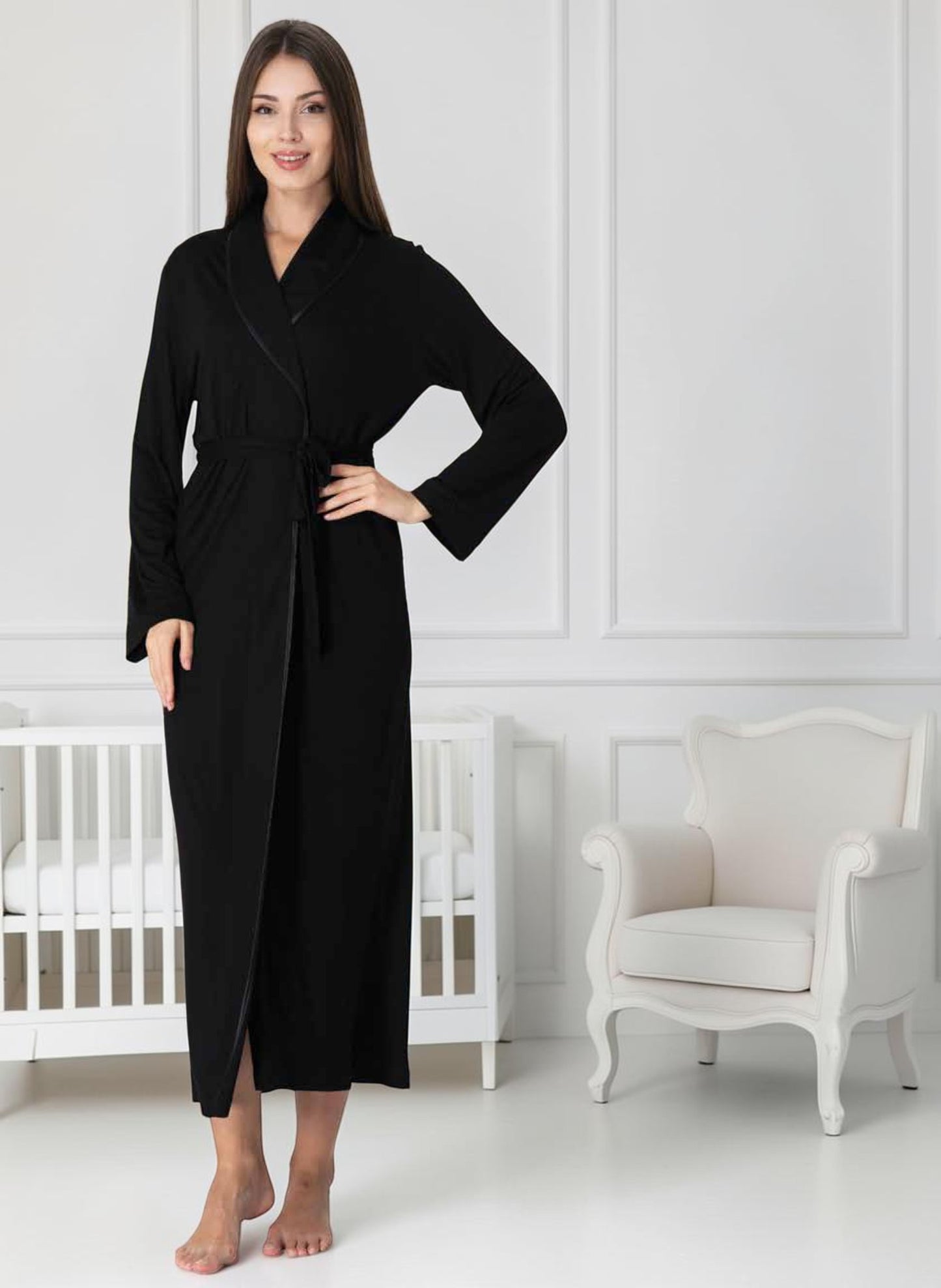 Blue maternity robe by Mini Plum – long-sleeve nursing nightwear with shawl collar, breastfeeding-friendly, hospital bag ready