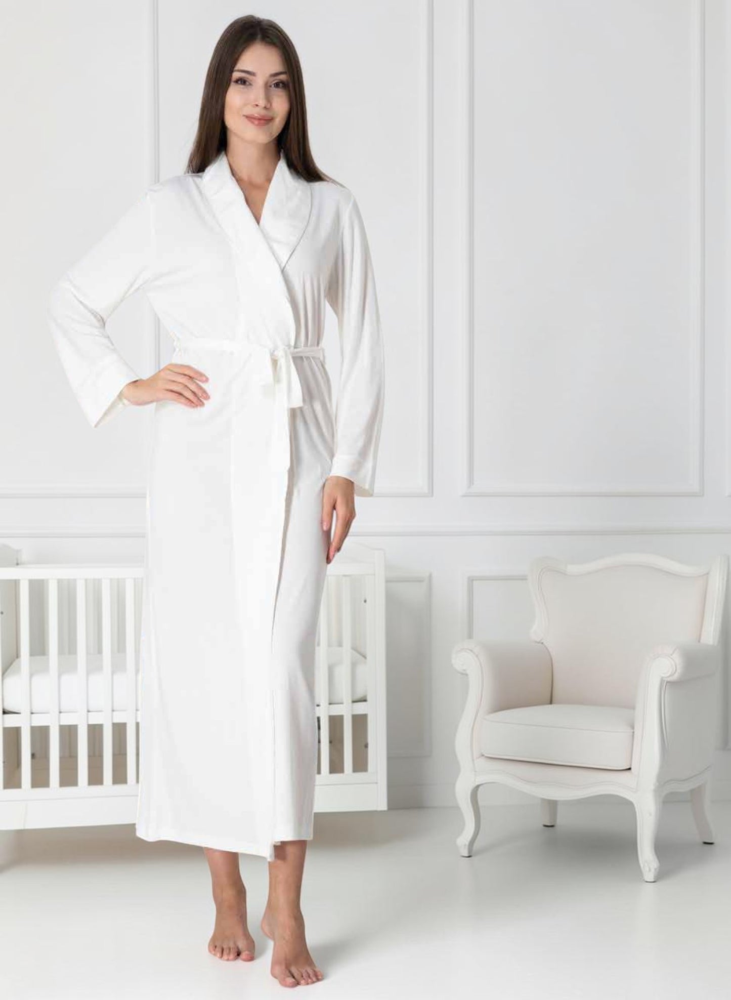 White maternity robe by Mini Plum – long-sleeve nursing nightwear with shawl collar, breastfeeding-friendly, hospital bag ready