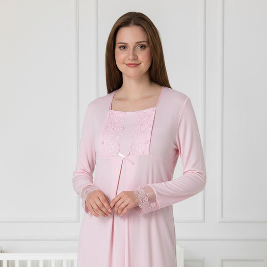 Pink nightie & robe set by Mini Plum – lace detail and square neck, maternity & nursing