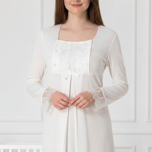 White nightie & robe set by Mini Plum – lace detail and square neck, maternity & nursing