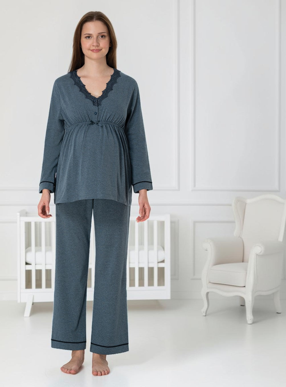Blue maternity pyjamas by Mini Plum – long-sleeve nursing nightwear with V-neck, breastfeeding-friendly, hospital bag ready