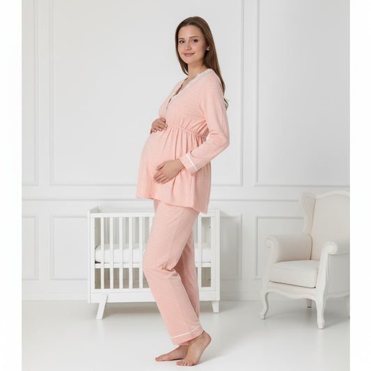Salmon maternity pyjamas by Mini Plum – lace detail and V-neck, maternity & nursing