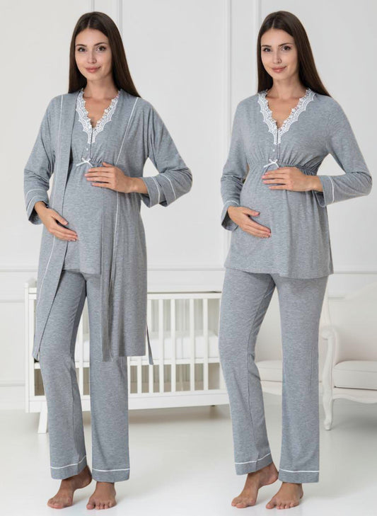 Grey 4-piece maternity set by Mini Plum – lace detail and V-neck, maternity & nursing