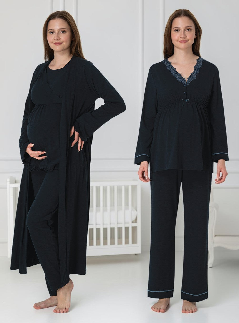 Navy 4-piece maternity set by Mini Plum – long-sleeve nursing nightwear with V-neck, breastfeeding-friendly, hospital bag ready