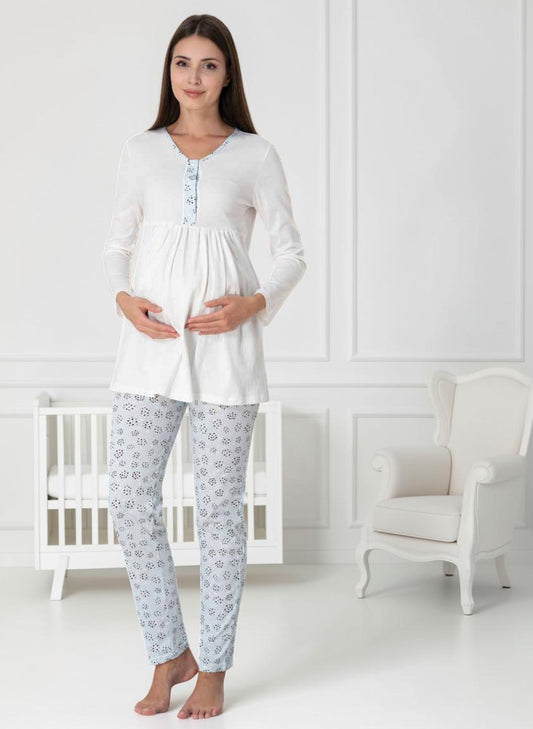 Blue pyjama & robe set by Mini Plum – soft cotton modal and V-neck, maternity & nursing