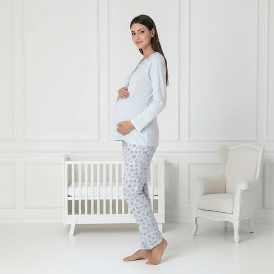 Blue maternity pyjamas by Mini Plum – soft cotton modal and round neck, maternity & nursing