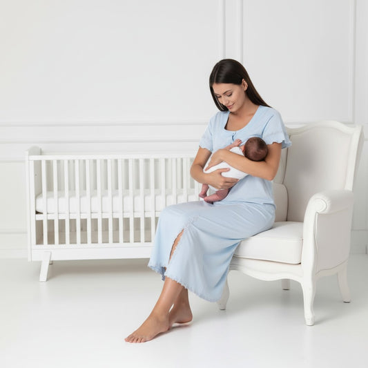Blue nightie & robe set by Mini Plum – lace detail and scoop neck, maternity & nursing