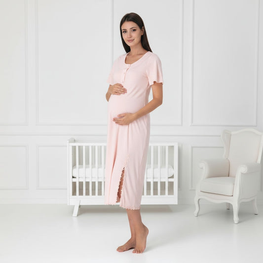 Salmon nightie & robe set by Mini Plum – lace detail and scoop neck, maternity & nursing