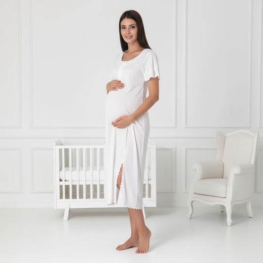 White nightie & robe set by Mini Plum – lace detail and scoop neck, maternity & nursing