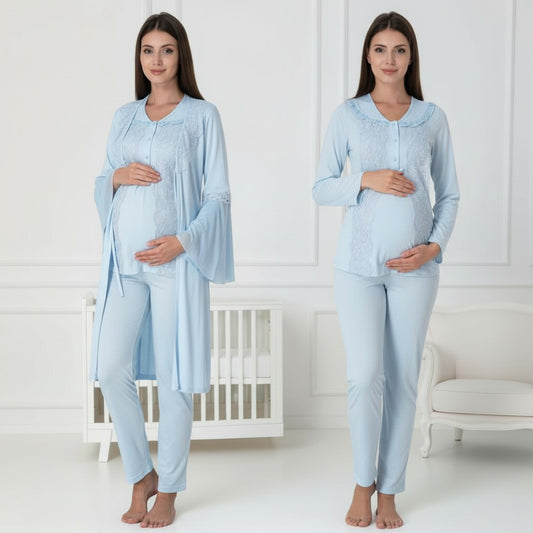 Blue pyjama & robe set by Mini Plum – lace detail and V-neck, maternity & nursing