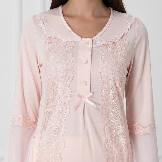 Pink pyjama & robe set by Mini Plum – lace detail and V-neck, maternity & nursing