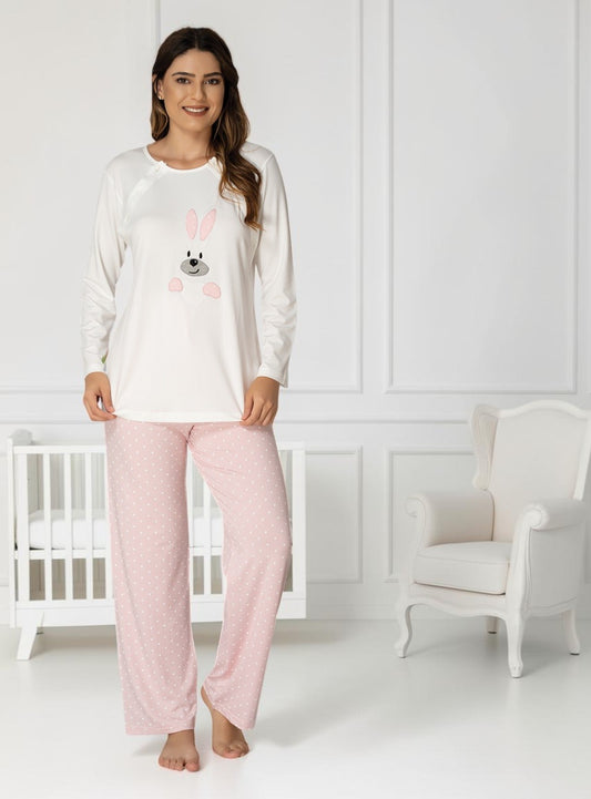 Pink pyjama & robe set by Mini Plum – bunny print and round neck, maternity & nursing