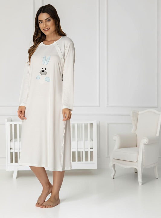 Blue nightie & robe set by Mini Plum – bunny print and shawl collar, maternity & nursing