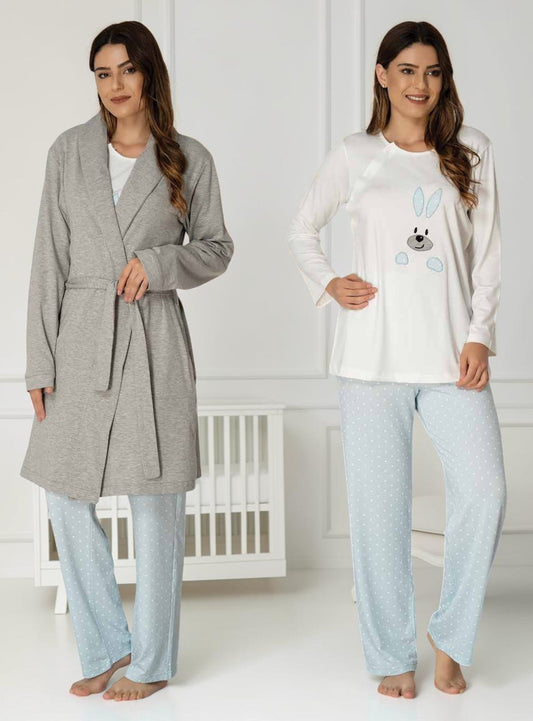 Blue pyjama & robe set by Mini Plum – bunny print and round neck, maternity & nursing