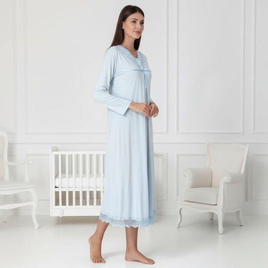 Blue nightie & robe set by Mini Plum – lace detail and V-neck, maternity & nursing