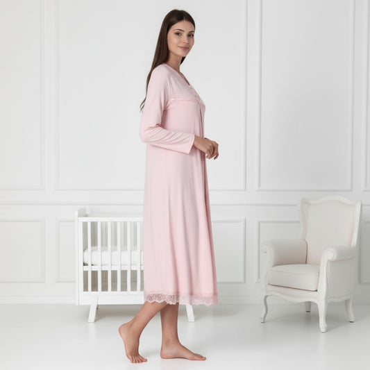Pink nightie & robe set by Mini Plum – lace detail and V-neck, maternity & nursing
