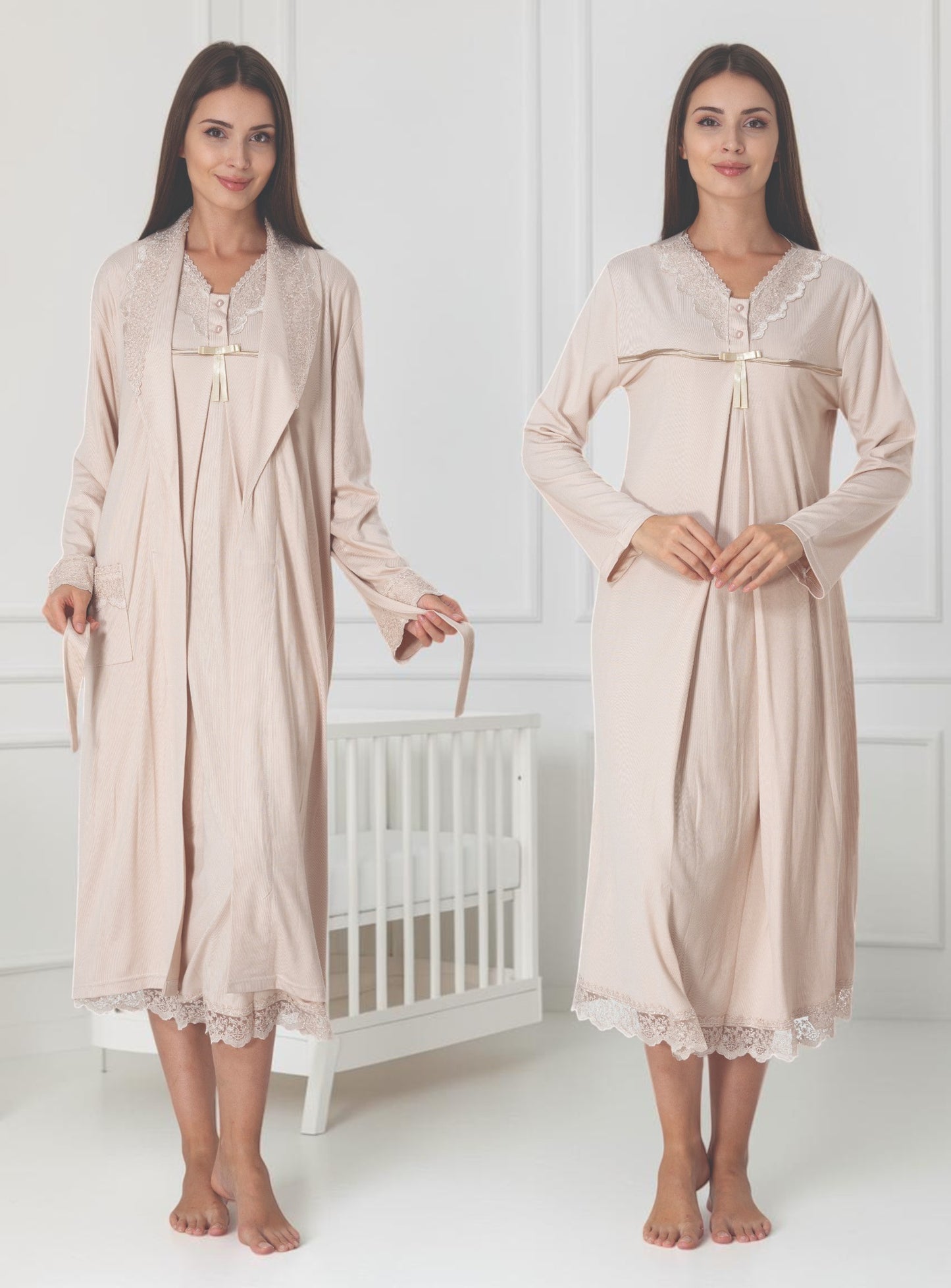 Beige nightie & robe set by Mini Plum – long-sleeve nursing nightwear with V-neck, breastfeeding-friendly, hospital bag ready