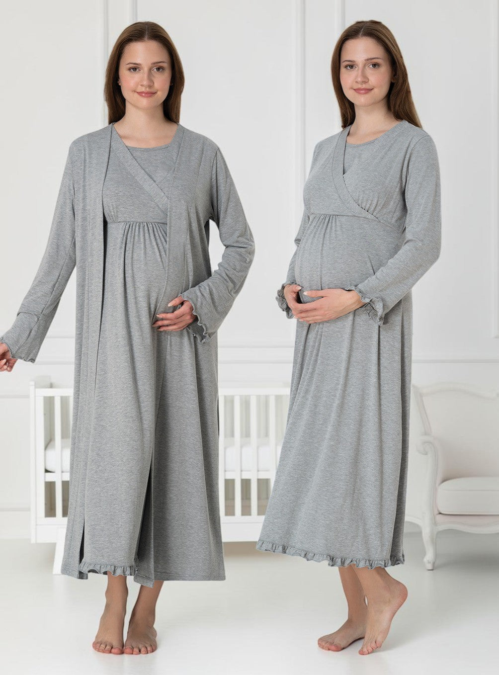 Grey nightie & robe set by Mini Plum – long-sleeve nursing nightwear with wrap, breastfeeding-friendly, hospital bag ready
