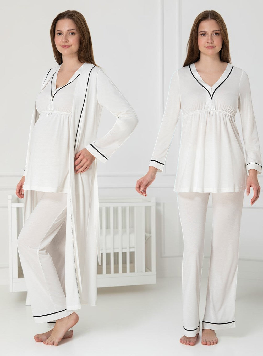 White pyjama & robe set by Mini Plum – long-sleeve nursing nightwear with V-neck, breastfeeding-friendly, hospital bag ready