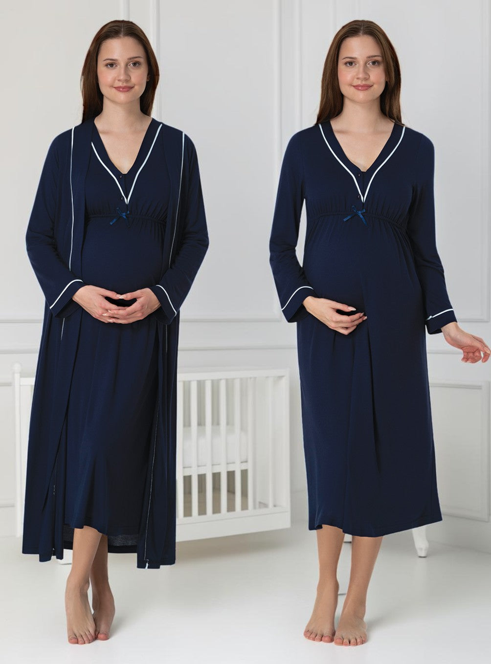 Navy nightie & robe set by Mini Plum – long-sleeve nursing nightwear with V-neck, breastfeeding-friendly, hospital bag ready