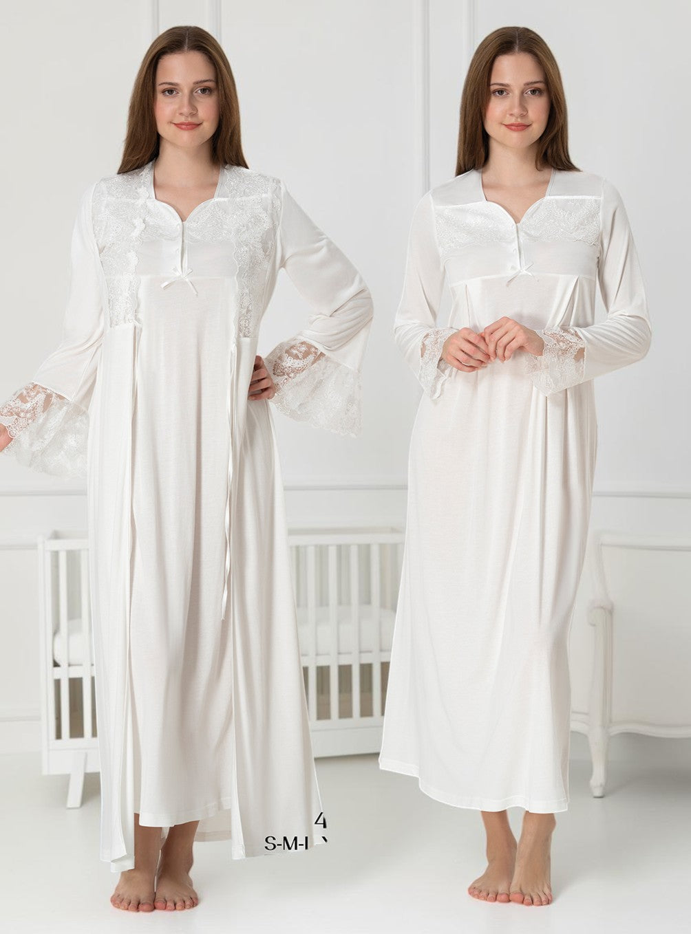White nightie & robe set by Mini Plum – long-sleeve nursing nightwear with square neck, breastfeeding-friendly, hospital bag ready