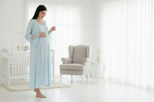 Blue maternity nightdress by Mini Plum – lace detail and square neck, maternity & nursing