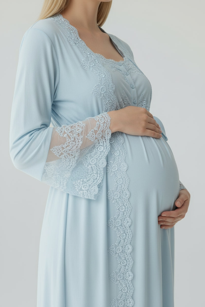 Blue maternity nightdress by Mini Plum – short-sleeve bump-friendly fit, side view